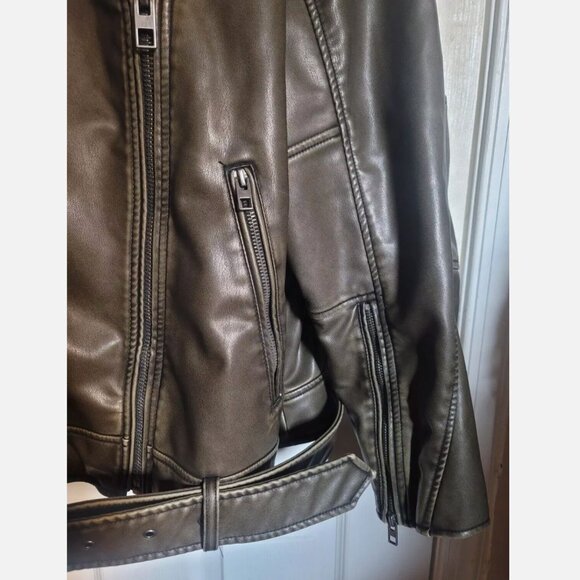 Zara Women XL Faux Leather Distressed Biker Jacket Charcoal Vegan Motorcycle - Picture 10 of 15